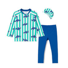 将图片加载到图库查看器，'Shark Shark' Rash Guard Swimsuit Set (Swim Cap, Pouch Set)
