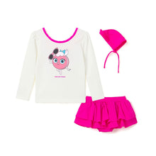 将图片加载到图库查看器，Bread Barbershop 'Neon Pink Macaron' White Rash Guard Swimsuit Set (Swim Cap, Pouch Set)

